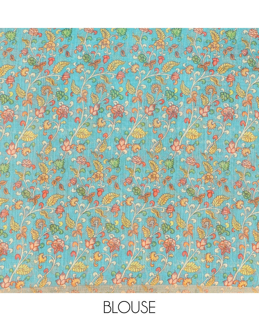 White lotus motifs printed linen saree, piping border, contrast floral vine printed pallu, and contrast printed blouse