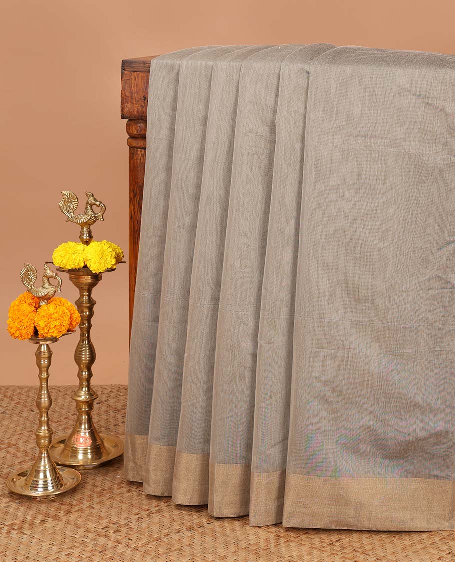 Grey kora cotton saree with zari baawanchi border & kicha weaving pallu along with kicha blouse