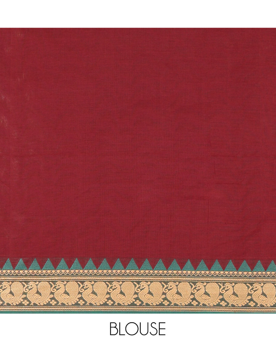 Maroon Chettinad Cotton Saree, Finely Woven with Thread Buttas All Over Its Body, Complemented by a Contrast Temple Border of Peacock Designs, Pallu of Buttas and Stripes, and Paired with a Matching Blouse