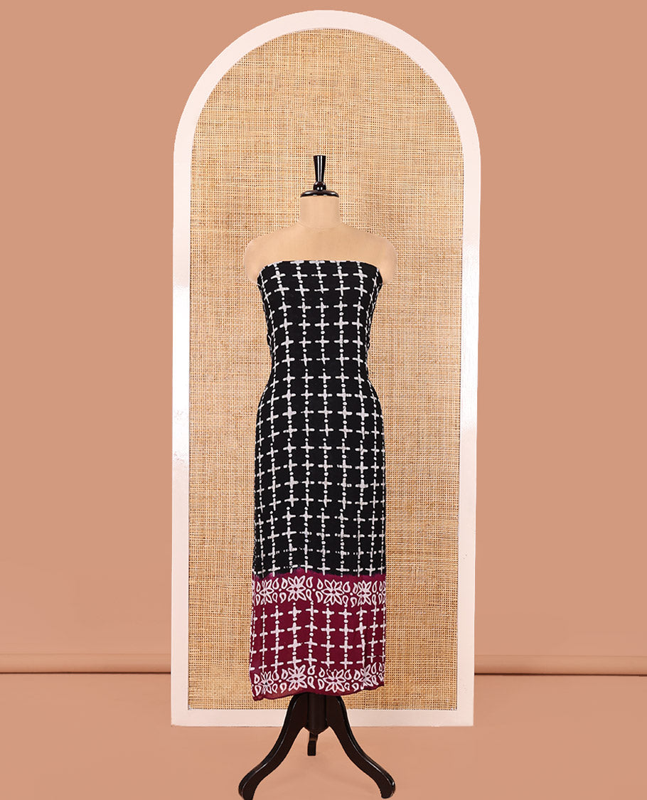 Black and Purple Material Chudidhar Set, Adorned with Batik-Style Printed Viscose Georgette Top, Rayon Batik Printed Bottom, and Viscose Georgette Dupatta of Batik Print