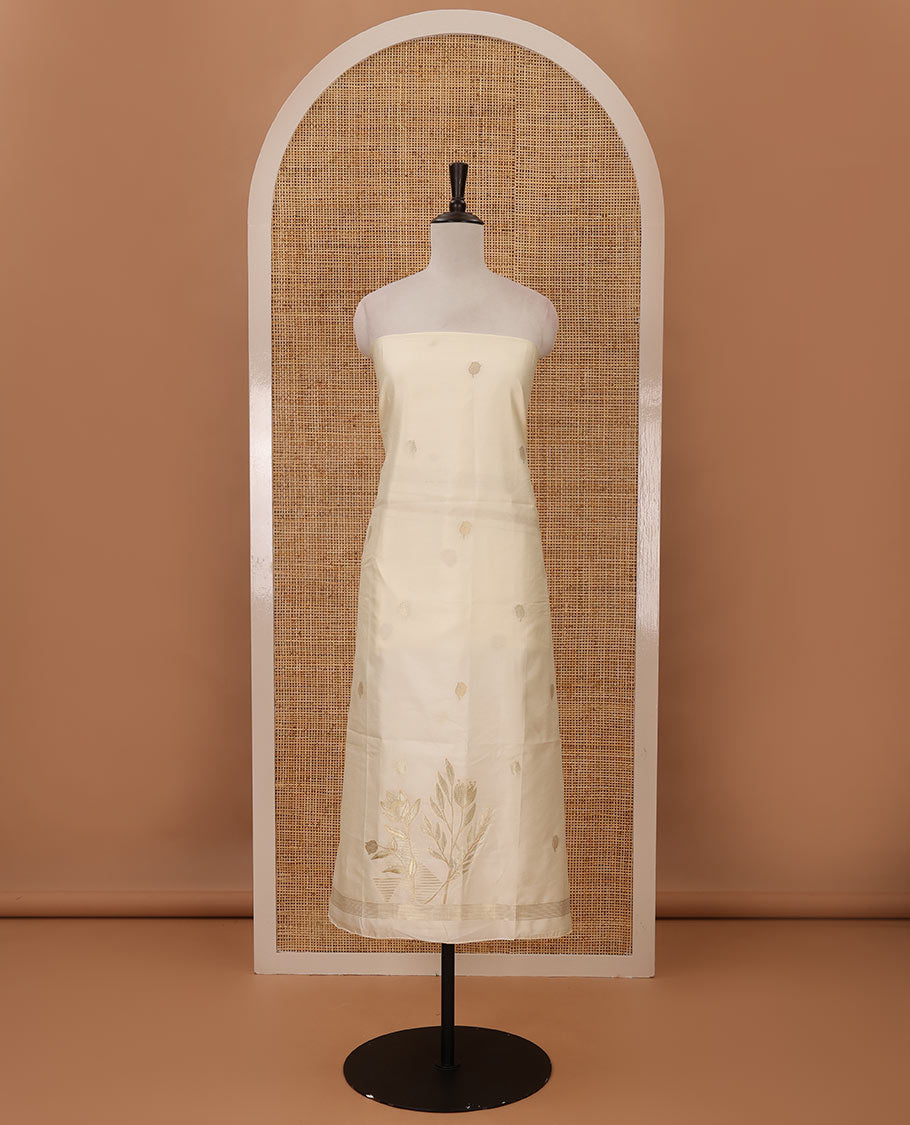 Kerala cream chudidar material, zari floral design woven taffeta silk top, plain santoon bottom & floral zari design dupatta