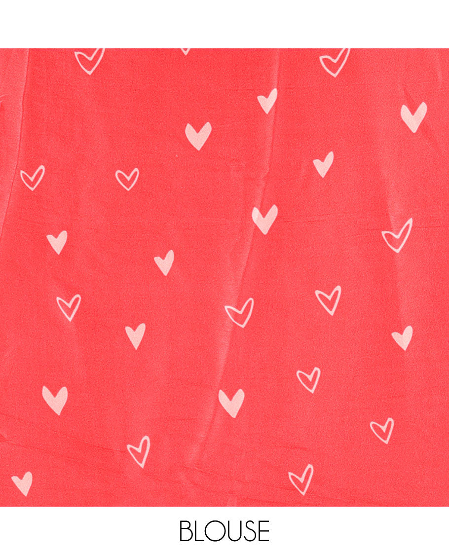 Redish pink striped valentine's day special satin crepe saree, plain border, Heart motifs printed pallu, and a heart motifs printed blouse