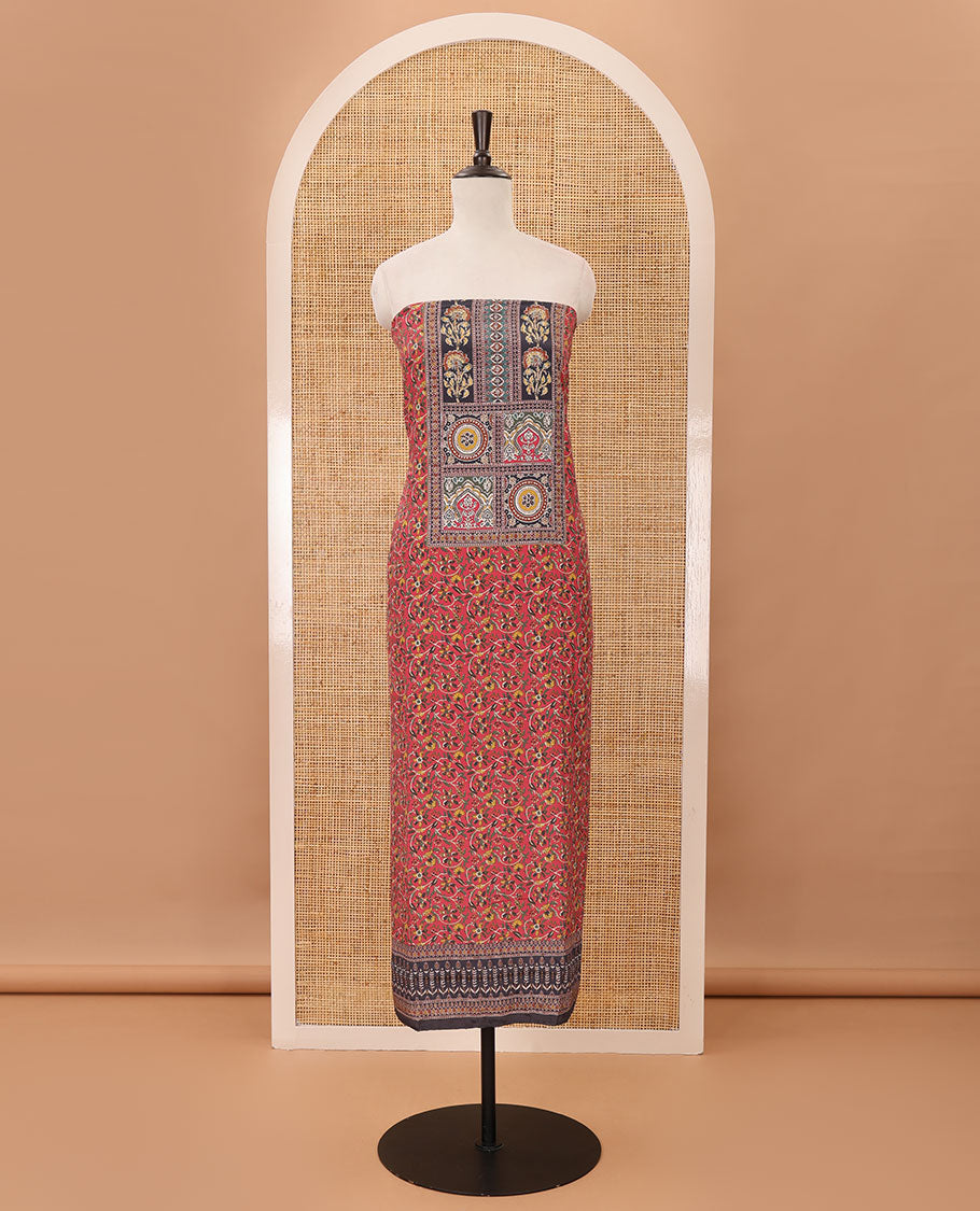 Pink material chudidar set,floral-geometric Arjrakh print & stonework Masakali crepe top,plain bottom & Arjrakh print & stonework chinon dupatta