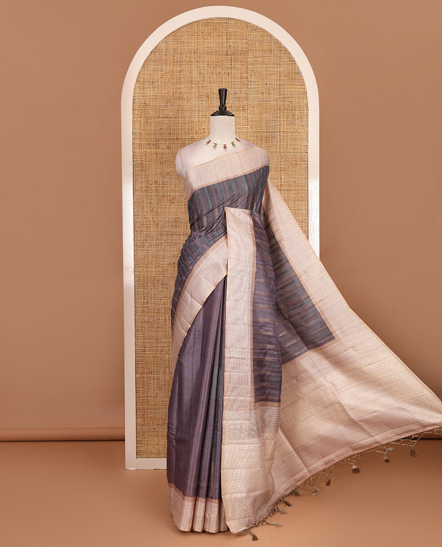 Grey floral vines thread embroidered Tussar saree, contrast Thread border, plain pallu, and contrast blouse