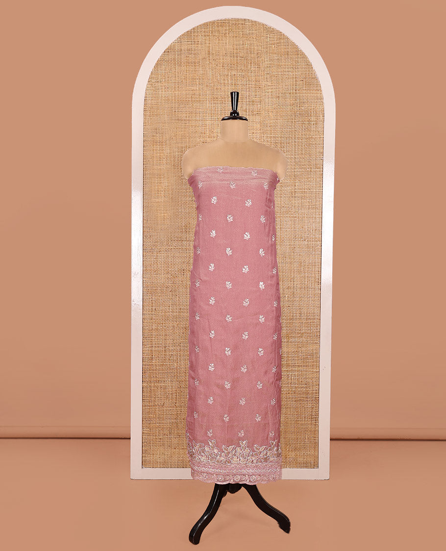Pink Material Churidar Set, Artfully Detailed with an Floral Motifs Embroidered on Its Nc Moss Organza Top, Plain Santoon Bottom, and Nc Moss Organza Scallop Dupatta of Floral-Leaf Embroidery