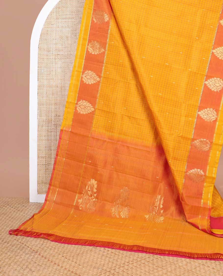 Orange checked, buttas kancheepuram silk saree with contrast floral zari design border & floral design pallu