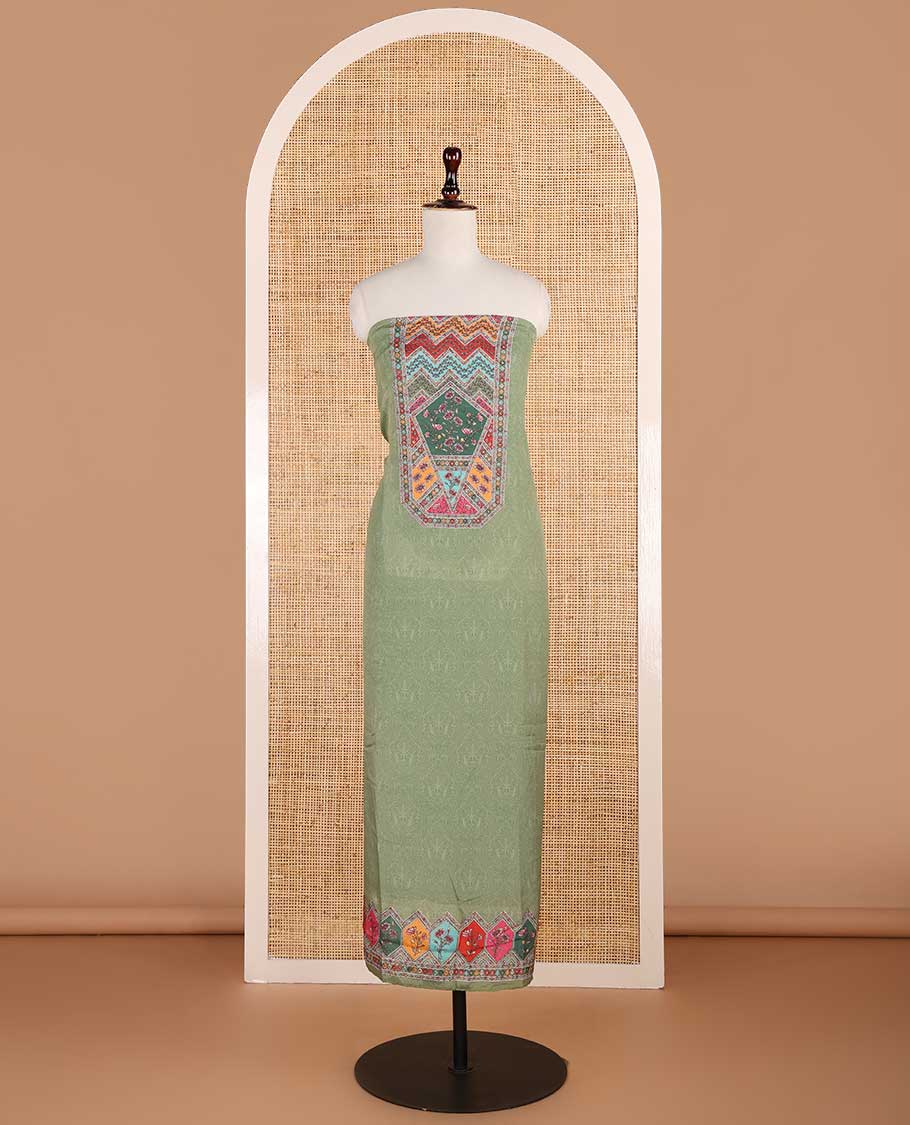 Pista green negative print, geometric design, swarovski work crepe chudidhar material top with american crepe pant & chinnon material geometric print, swarovski work dupatta
