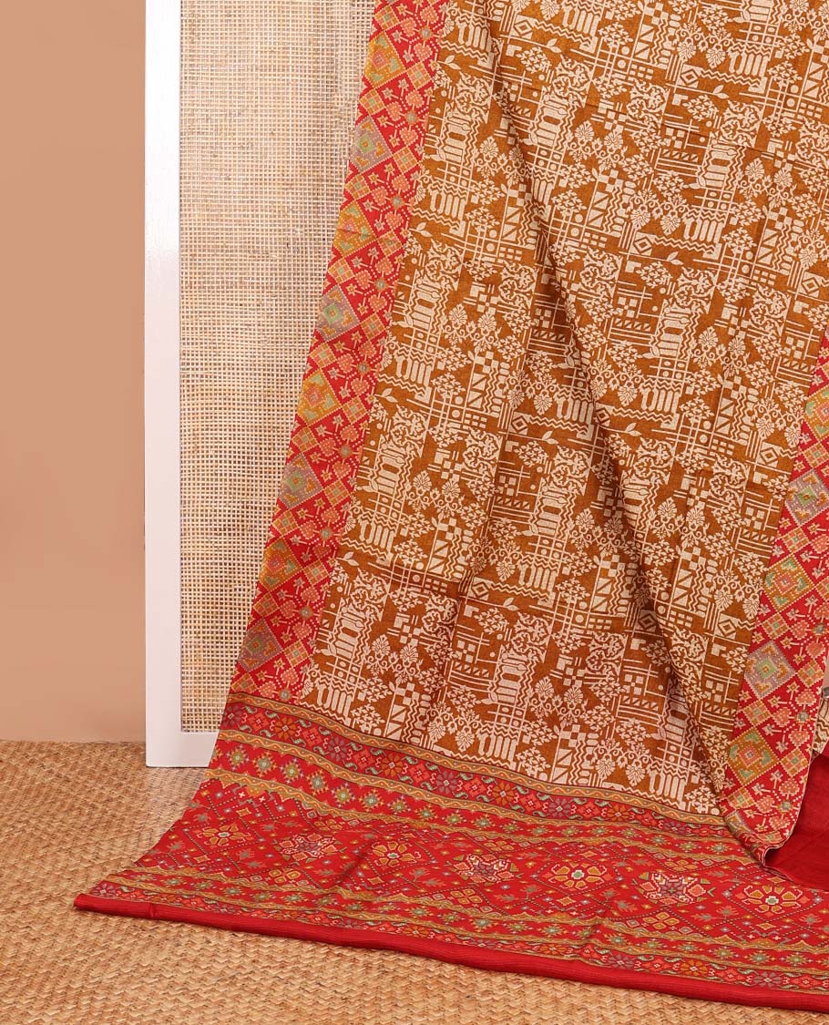 Brown geometric design printed silk saree with ikkat style border & floral ikkat style pallu