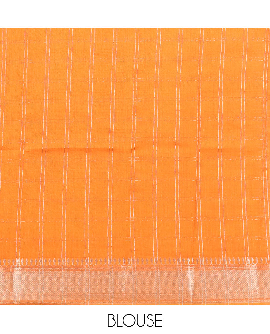 Orange Checked Assam Silk Saree, Highlighted by a Traditional Zari Border, Zari-Striped Pallu, and a Matching Blouse