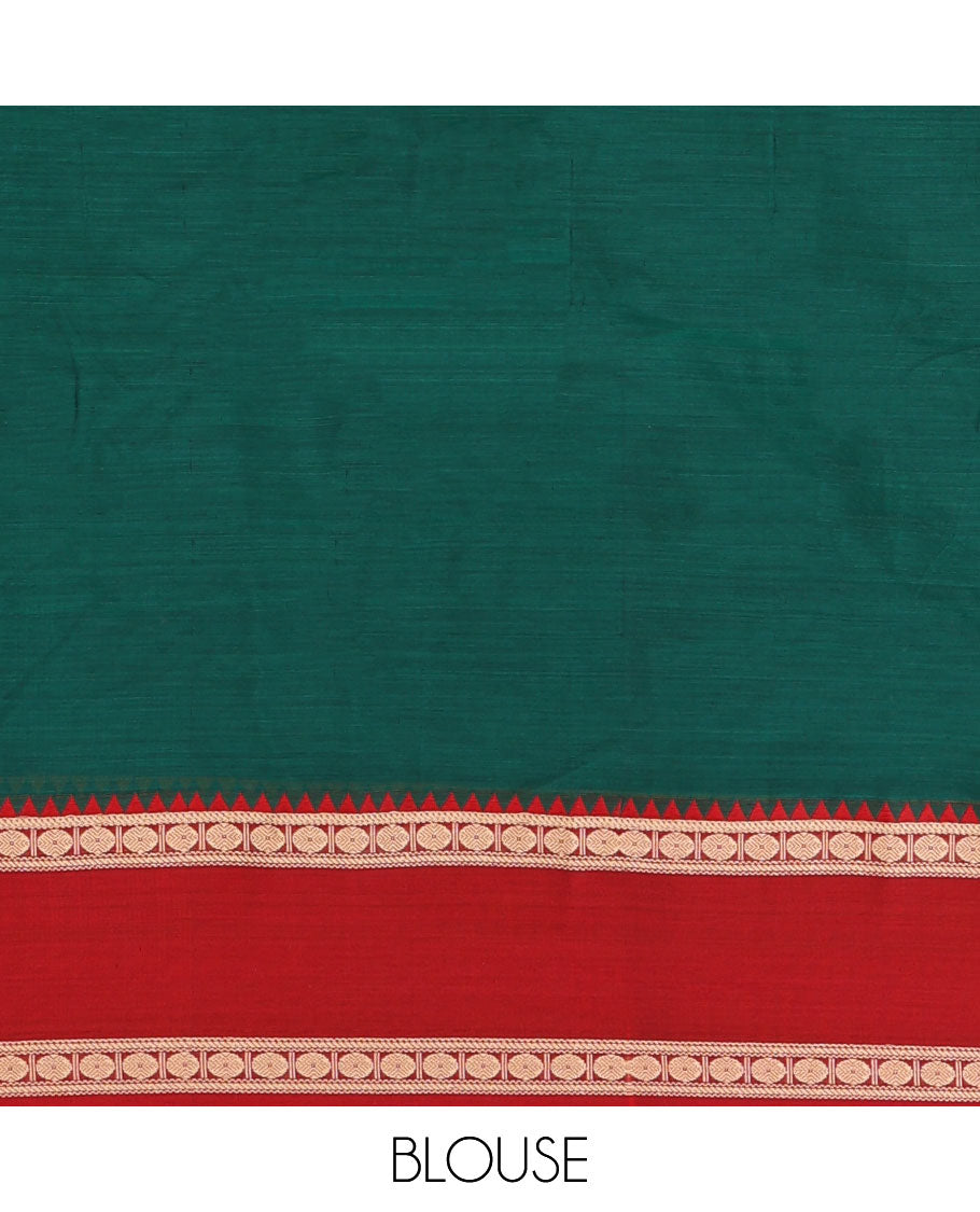 Bottle green mercerised cotton saree with ganga jamuna, rettai pettu thread border & seer pallu along with running blouse