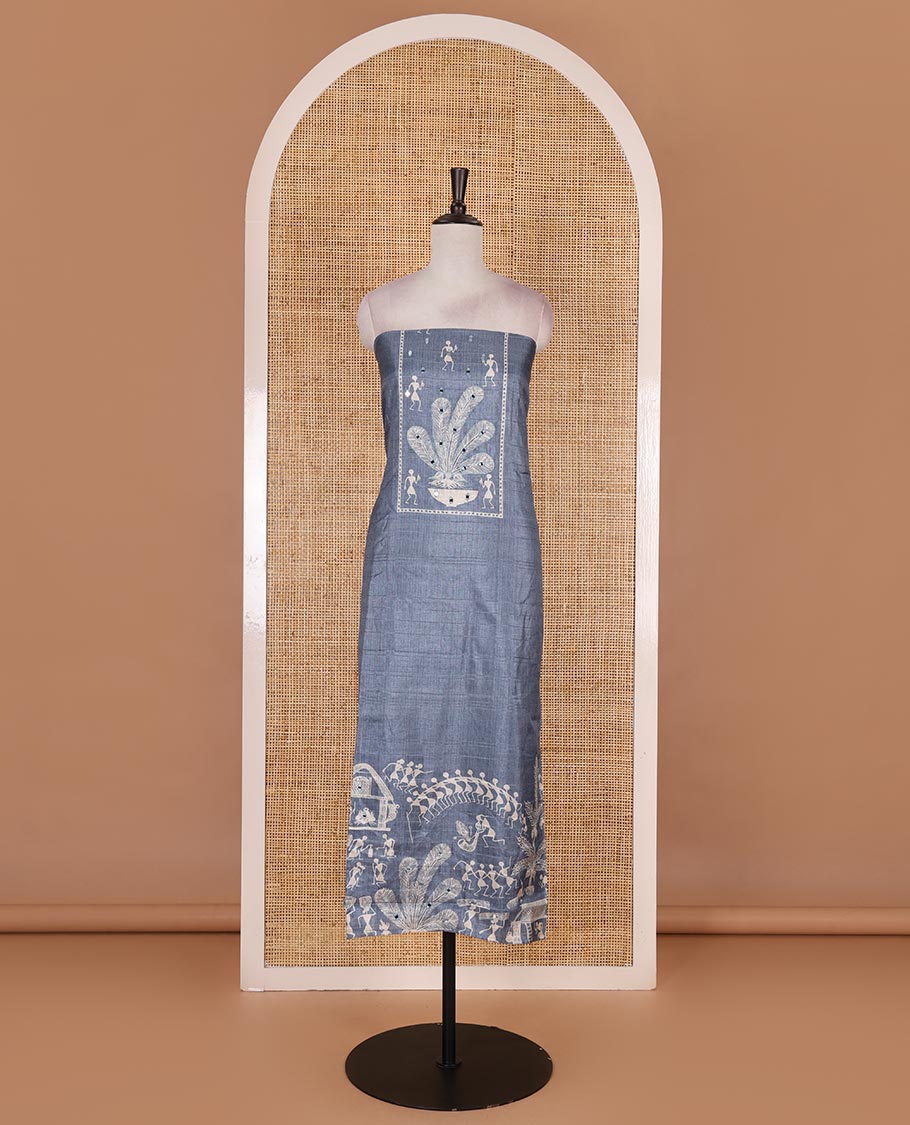 Blue material churidar set, warli tribe village theme print with mirror work semi-tussar top, plain bottom, and warli tribe village theme print semi-tussar dupatta