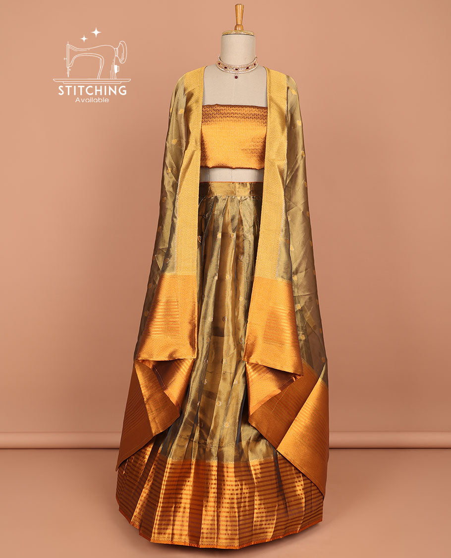 Brown buttas half saree with contrast striped border, intricate zari design blouse & butta , striped floral zari design dhavani