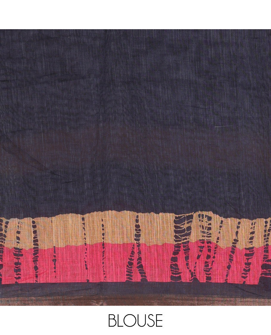 Black bandhani motifs printed linen cotton saree, tri-color dye print and piping zari border, printed pallu, and a matching blouse