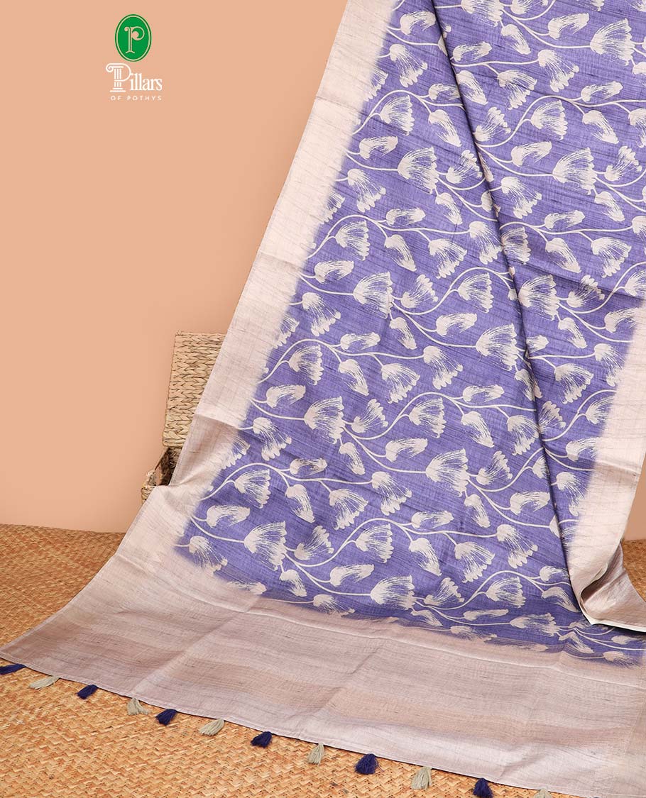 Violet with cream all-over printed design semi khicha tussar saree with gold zari jacquard border & purejute weaving pallu along with plain blouse