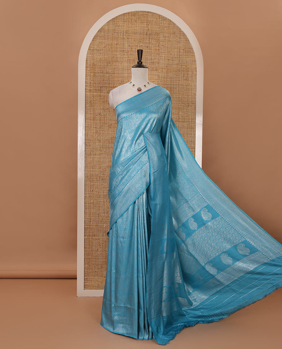 Blue mango-design jamdani zari body softy saree, self-traditional zari border, rich pallu & matching blouse