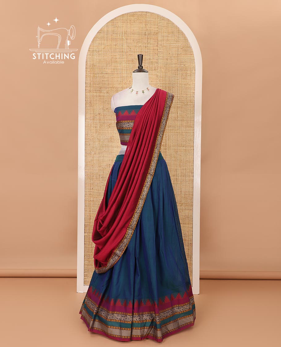 Peacock green mercedised cotton half-saree, contrast traditional resham thread border skirt, matching blouse & contrast magenta thread border georgette dhavani