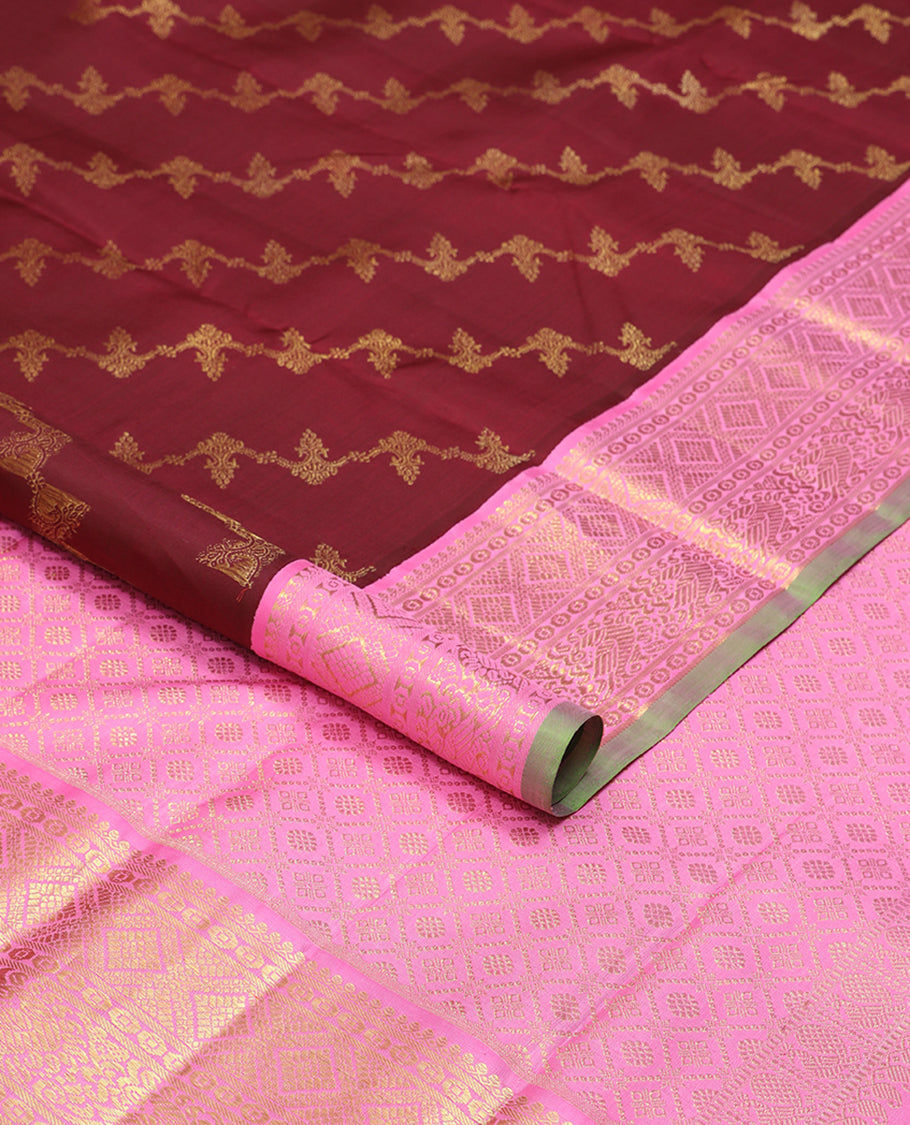 Maroon floral vine design kancheepuram silk saree with contrast korvai border of intricate zari design border & floral checked design pallu