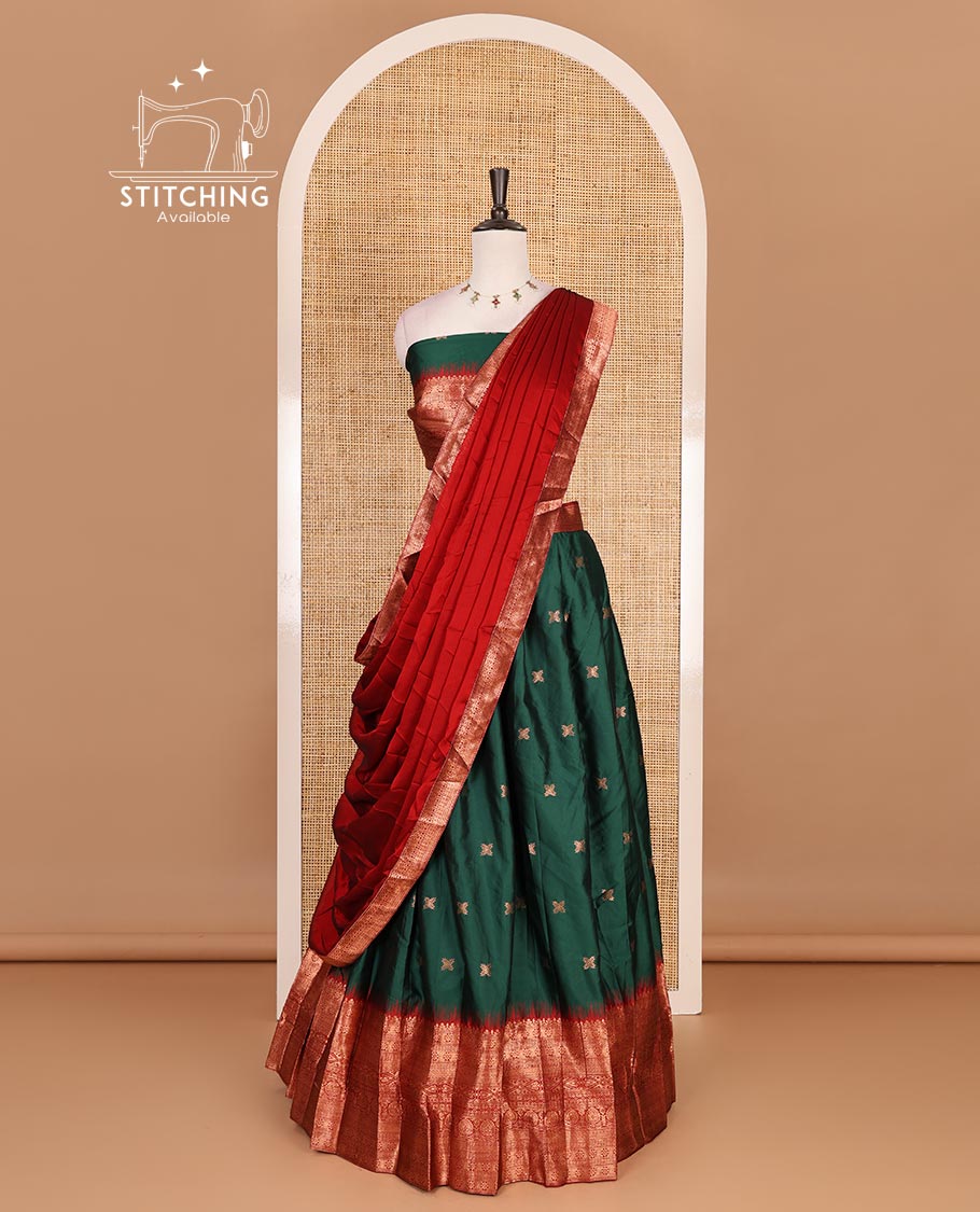 Green taffeta silk half saree, zari buttas with contrast maroon traditional zari border skirt, matching zari design blouse, and contrast plain zari border syska georgette dhavani