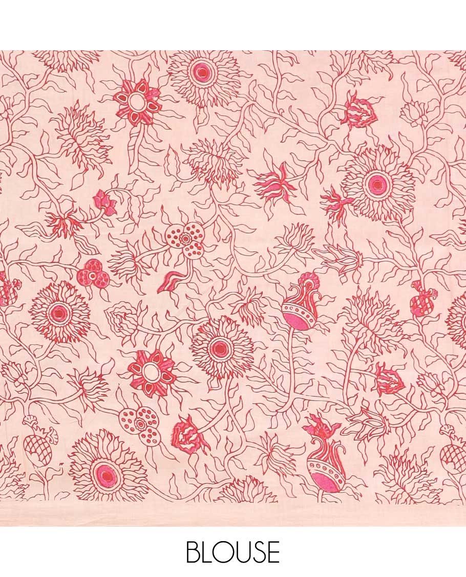 Red floral & bird machine-printed kalamkari cotton saree, floral border & human figurines pallu