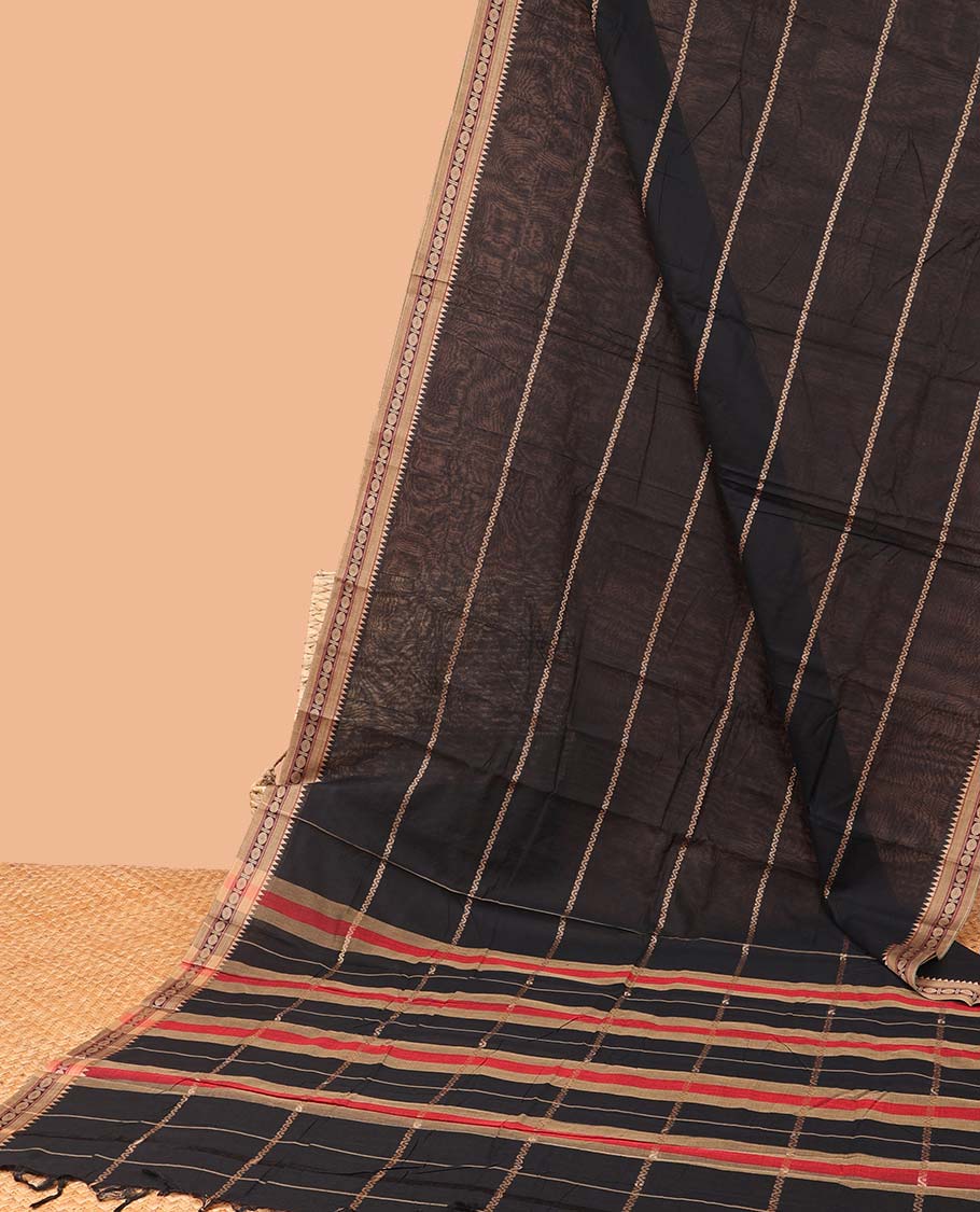 Black striped Narayanapet cotton saree, traditional motifs border & striped pallu