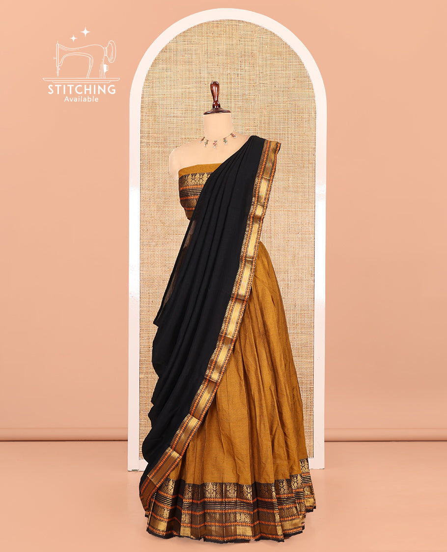 Mustard-Black Chettinad Cotton Half-Saree, Contrast Traditional Zari Bordered Skirt, Matching Blouse, and a Contrast Dhavani