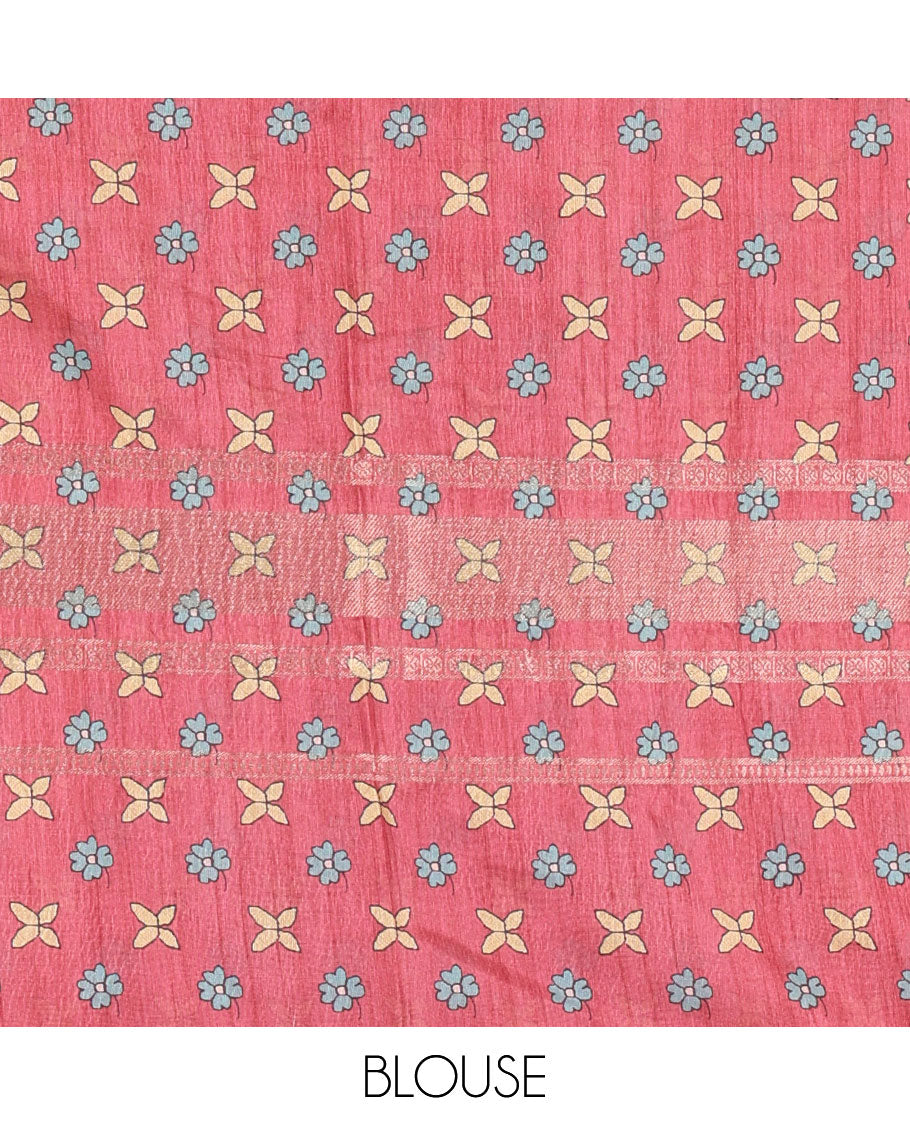 Pink Madhubani elephant motifs printed moss crush saree, double-sided zari border, Madhubani village printed pallu, and a floral buttas printed blouse