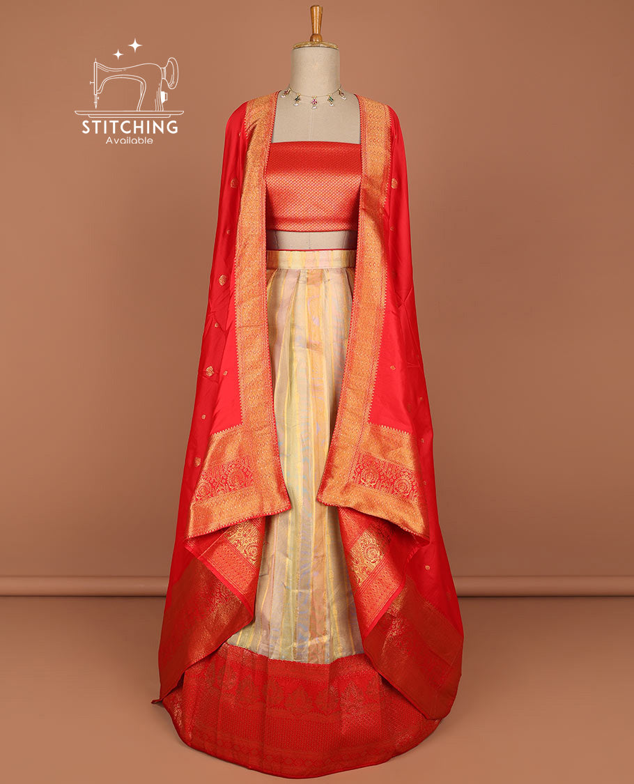 Multi-color striped half saree with contrast floral zari design border, checked zari design blouse & floral zari design dhavani
