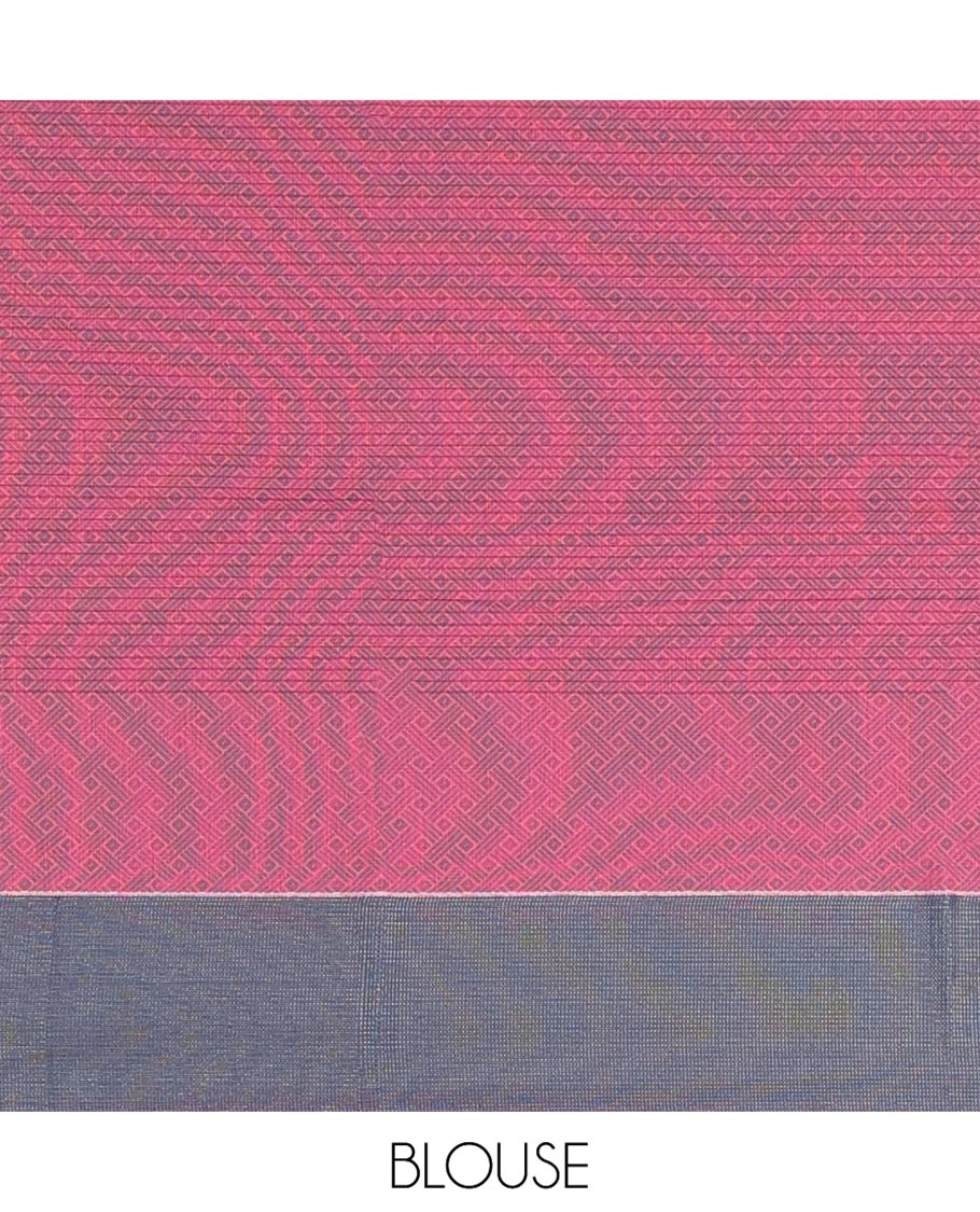 Red Semi-Silk Cotton Saree, Sparsely Woven with Buttas and Geometric Designs All Over Its Body, Complemented by Contrast Border, Sparsely Woven Pallu of Geometric Designs, and Paired with a Matching Blouse
