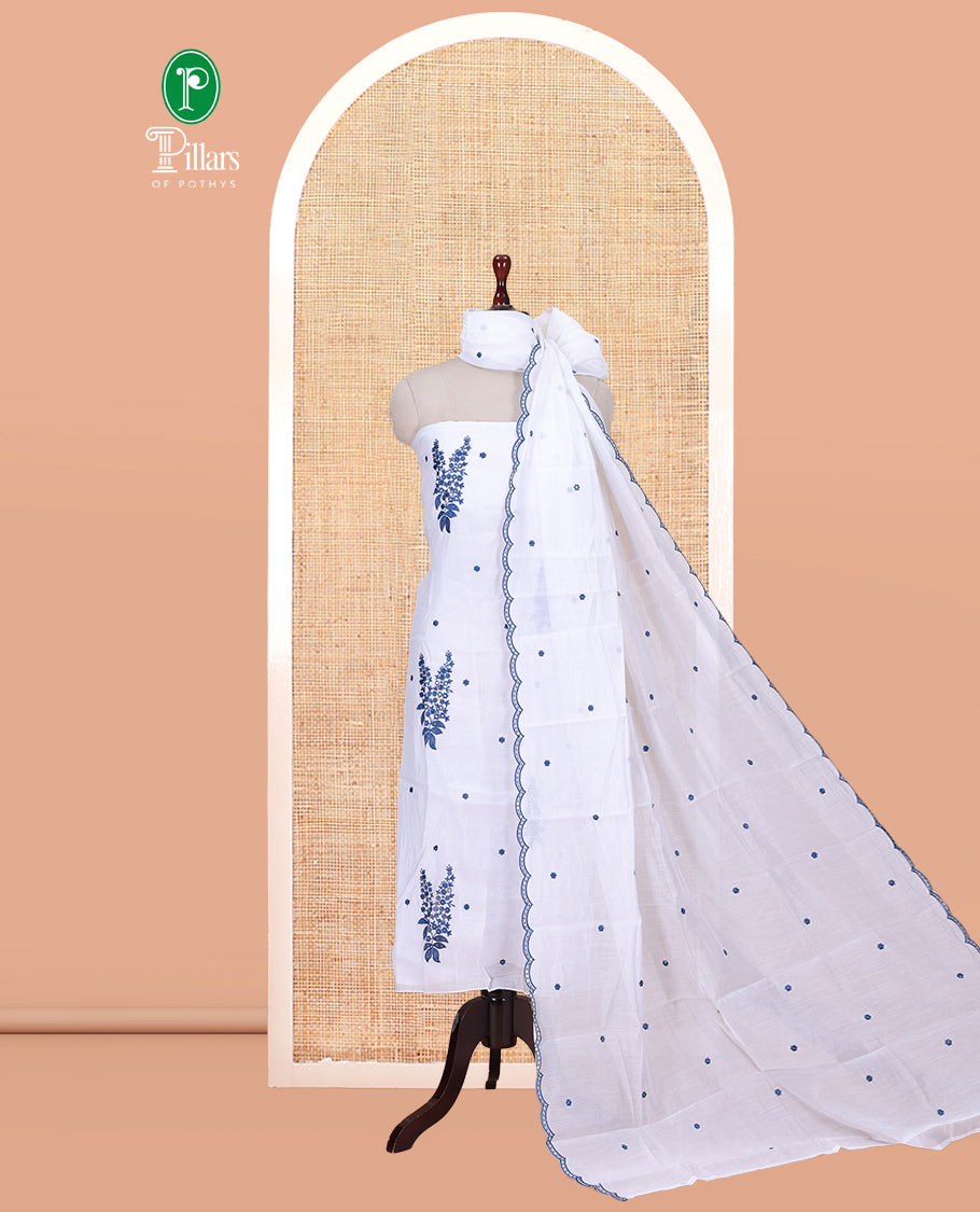 White-Blue Mul Chanderi Material Churidar Features Floral Embroidered Top, a Matching Bottom, and an Embroidered Scallop Dupatta