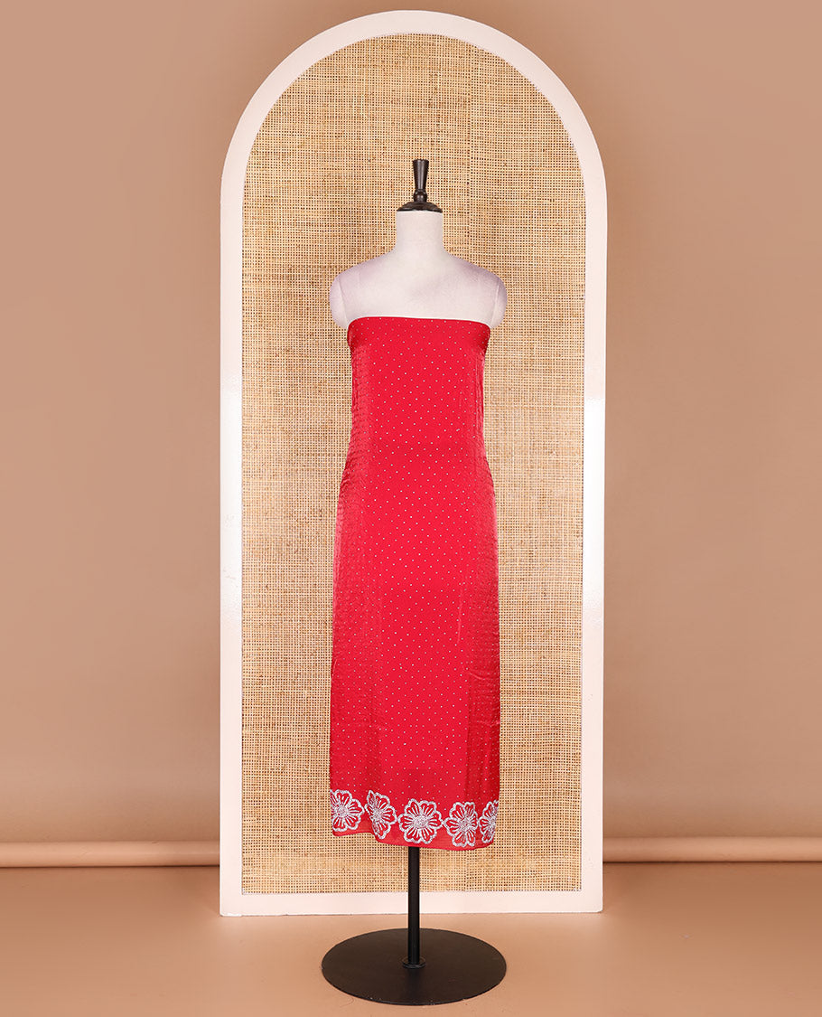 Rani pink velvet organza material chudidar set, micro stone embedded with floral micro-stone embroidered top, Italian crepe bottom, and micro stone embroidered dupatta