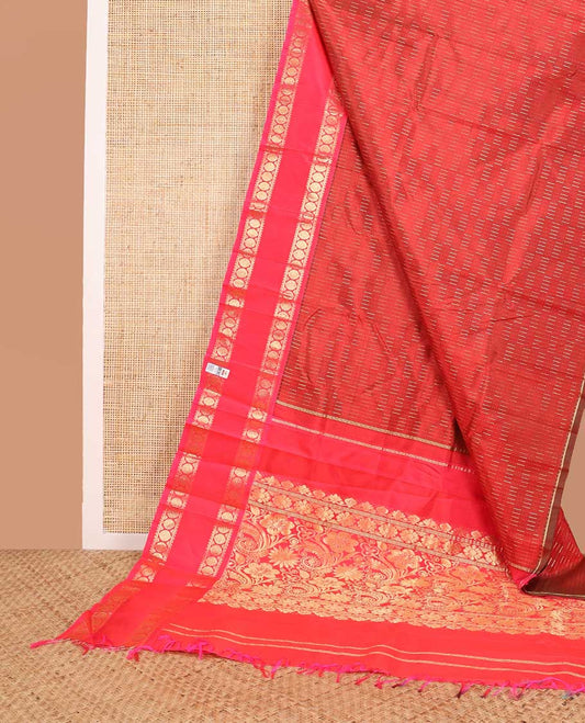 Red geometric design kancheepuram silk saree with contrast rettai pettu border of rekku, banaras, poo chakram design & zari design pallu