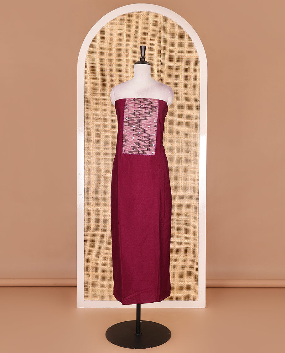 Wine Vertican silk material chudidar set, ikkat chevron striped with mirror neck embroidered top, santoon bottom, and contrast chevron striped dupatta
