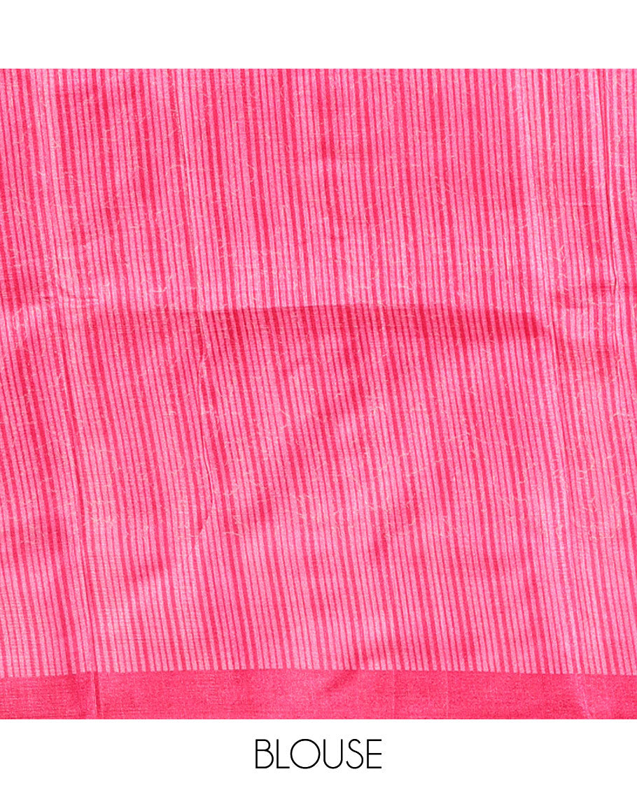 Cream floral-style printed khadi cotton saree, contrast pink temple & lining printed border, lining printed border & printed blouse