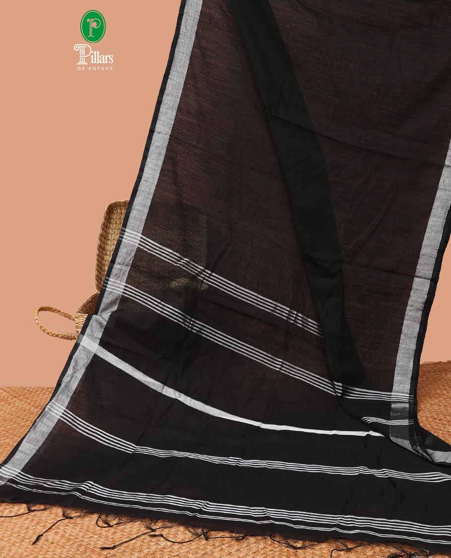 Black linen saree with self-border & striped pallu