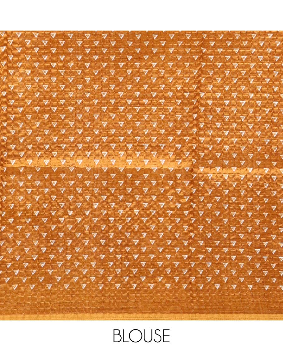 Gold floral printed litchi crushed saree, geometric printed border, floral-geometric printed pallu & triangle motif printed blouse