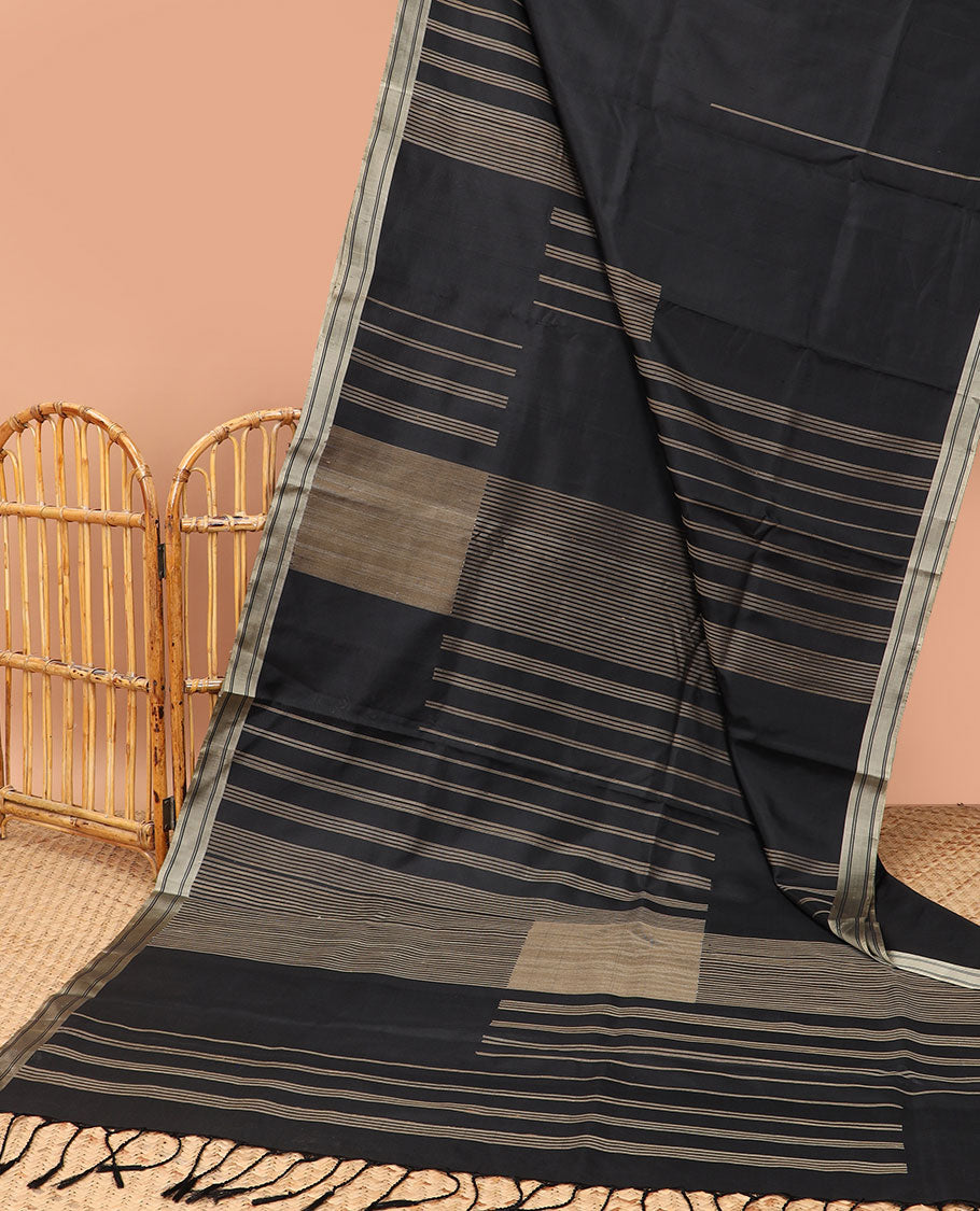Black all-over geometric design mayuri soft silk saree with self zari design border