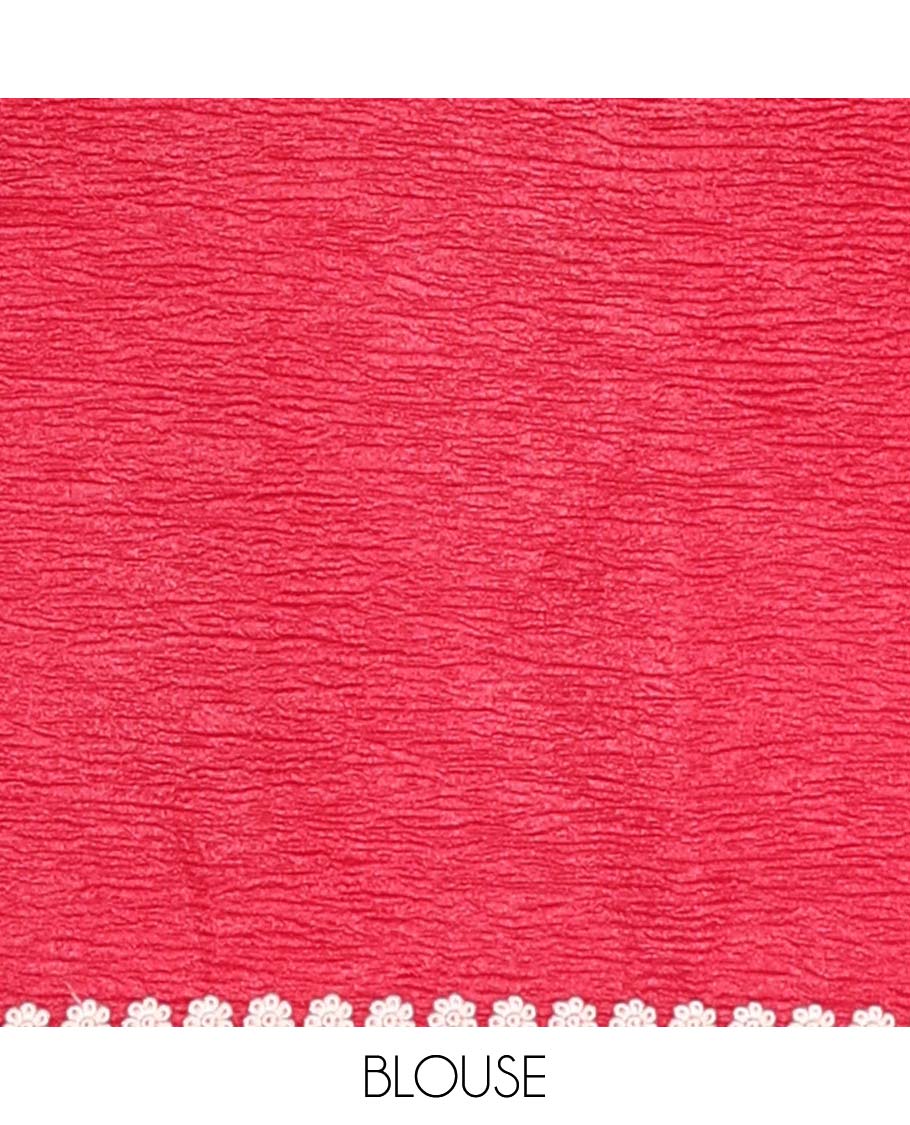 Red crushed tissue saree with all-over floral motifs embroidered & floral scallop border