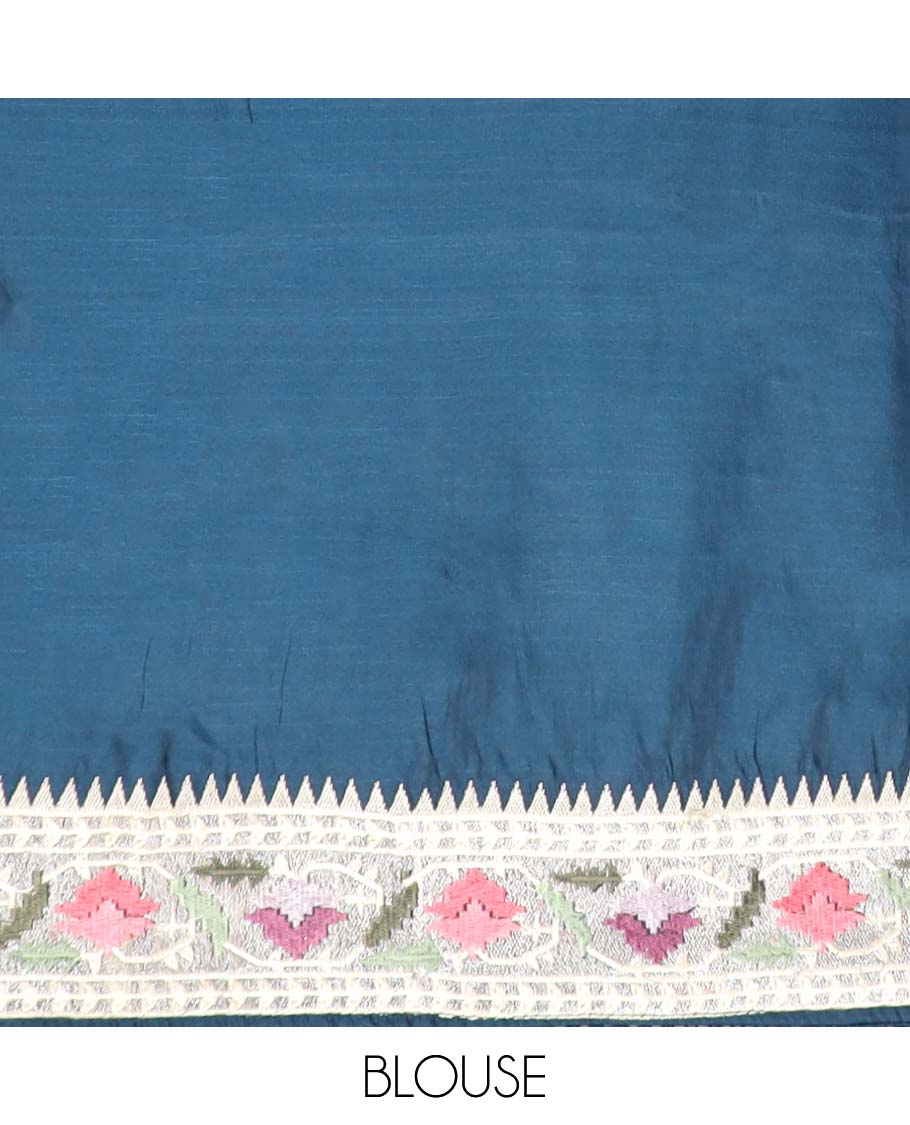 Blue polka dot semi-banaras tussar saree & contrast floral thread embroidered border