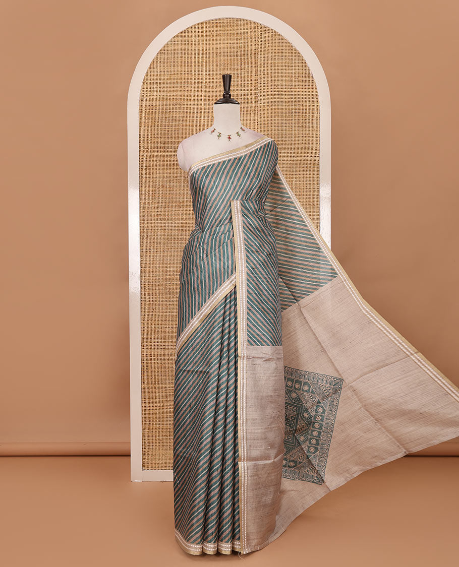 Rama green lehariya-style striped semi-tussar saree, contrast resham thread triangle motifs border, diamond printed pallu & contrast printed blouse