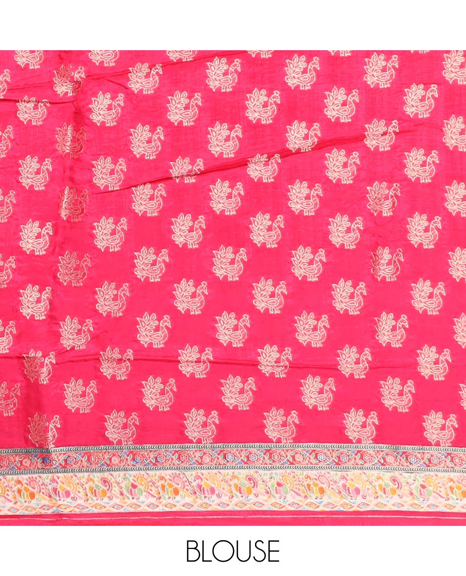 Multi-colored motifs enclosed with argyle design semi-banaras dola silksaree with contrast border & pallu of wedding design