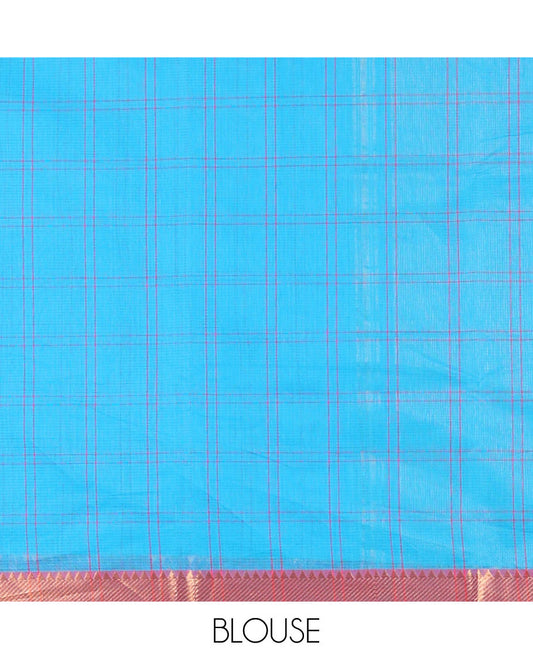 Blue checked design khadi cotton saree, contrast zari border & traditional zari pallu