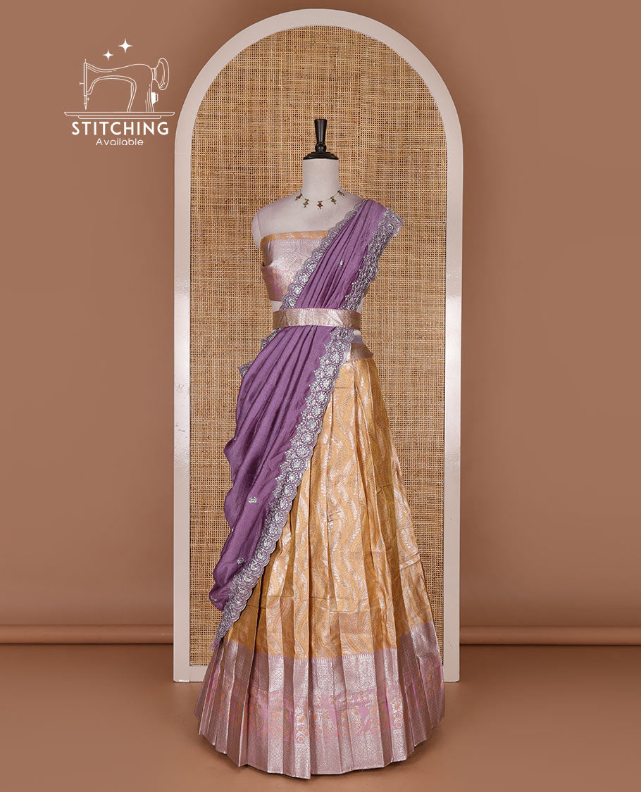 Peach-light lavender banaras tissue half saree, jacquard with contrast traditional zari bordered skirt, matching blouse, and Vichitra silk embroidered dhavani
