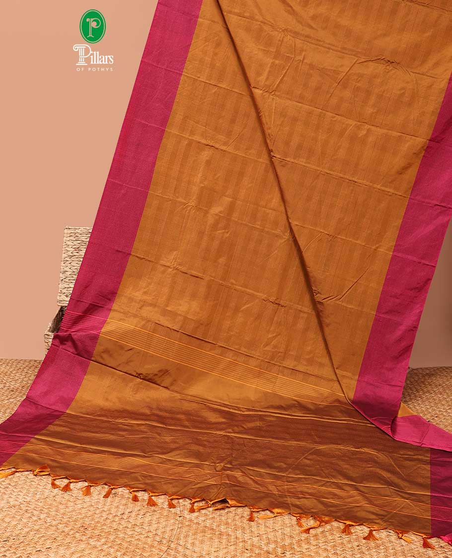 Mustard copper zari checks bhavishna silk saree contrast line zari border & contrat blouse