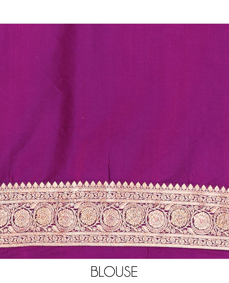 Purple Banarasi Satin Saree, Decorated with Floral Jaal Jacquard, a Floral Creeper Border, Intricate Stonework Pallu, and a Matching Blouse
