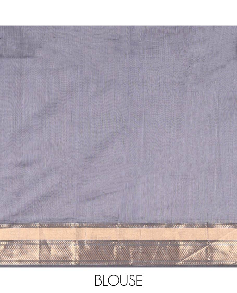 Dark grey floral motifs chanderi cotton saree with contrast zari design border & striped, floral design pallu