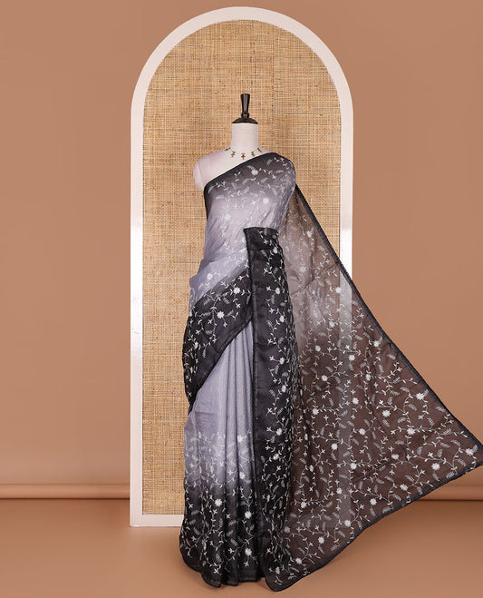 Grey-black floral vine chickankari embroidered kota chex saree, lace border, floral vine chickankari embroidered pallu, and contrast plain blouse