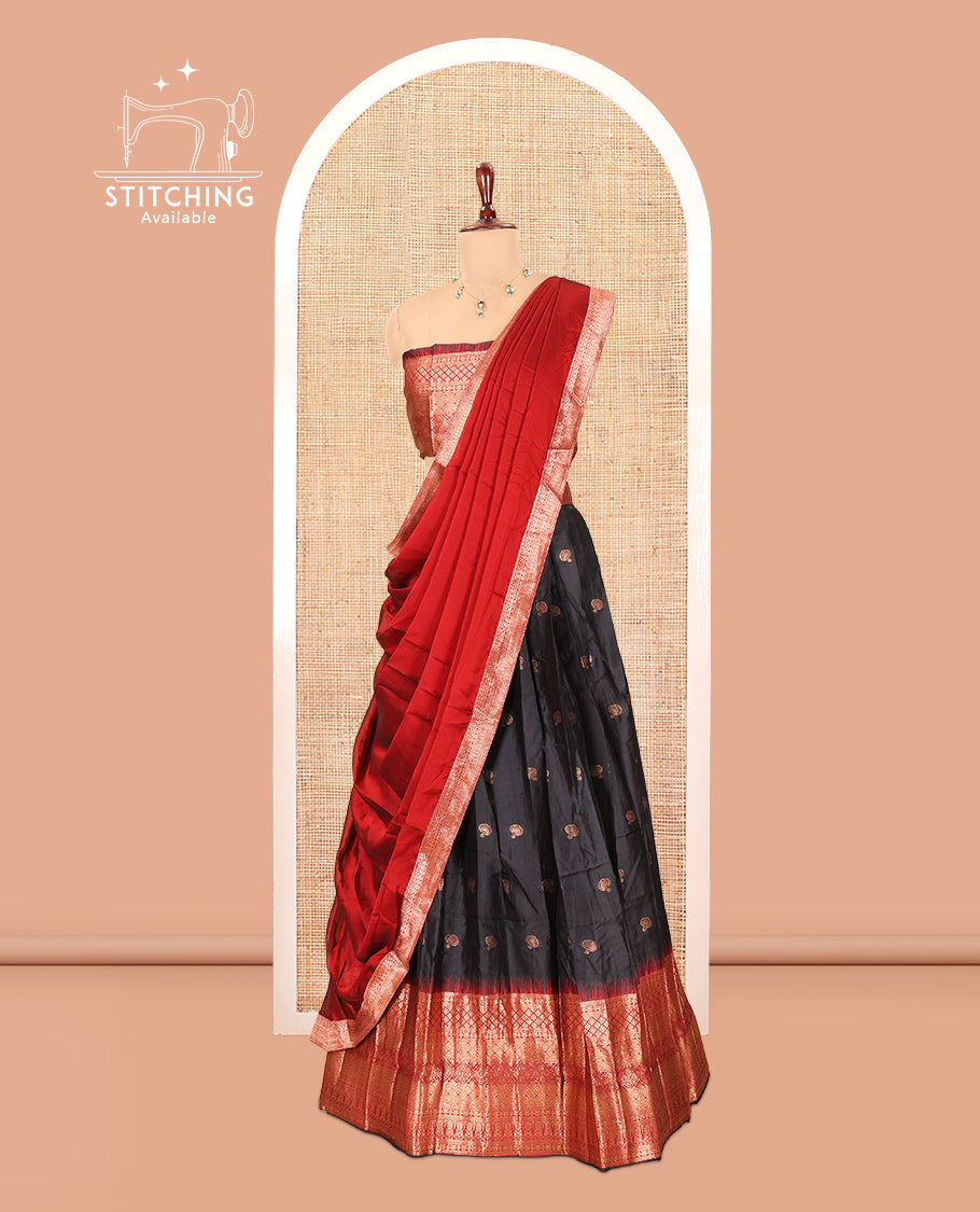 Black-Maroon Semi-Silk Half-Saree Features Zari Buttas Skirt, Contrast Traditional Zari Border, a Matching Blouse, a Contrast Blouse