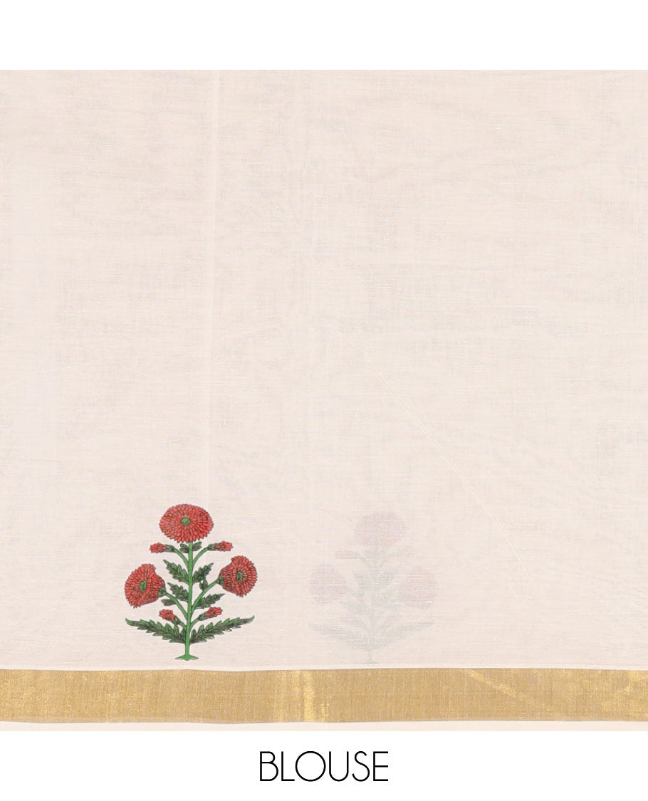 Cream Kerala Cotton Saree, Delicately Printed with Bunch of Floral Motifs Printed on Its Body, Subtle Zari Border, Pallu Features a Big Bunch of Floral Motifs Print, and Paired with a Matching Printed Blouse