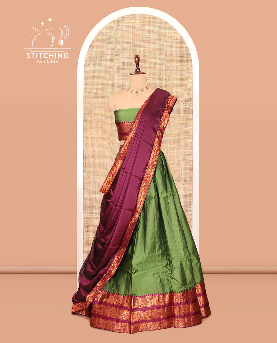 Green-Wine Semi-Banarasi Half-Saree Features Plain Skirt, Contrast Floral Creeper Zari Border, Matching Blouse, Contrast Dhavani