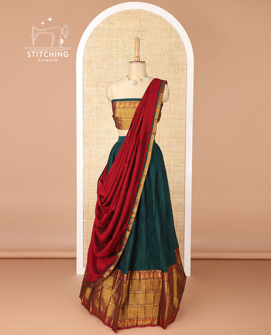 Green mercerised cotton daman zari border half saree with cotton blouse & skya georgette one side zari border dhavani